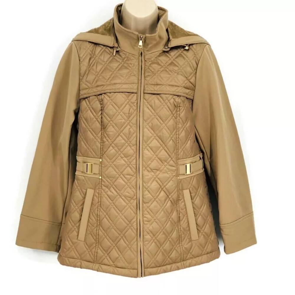 Jones New York Women's Hooded Quilted Pattern Button Zip Front Jacket Medium NWT